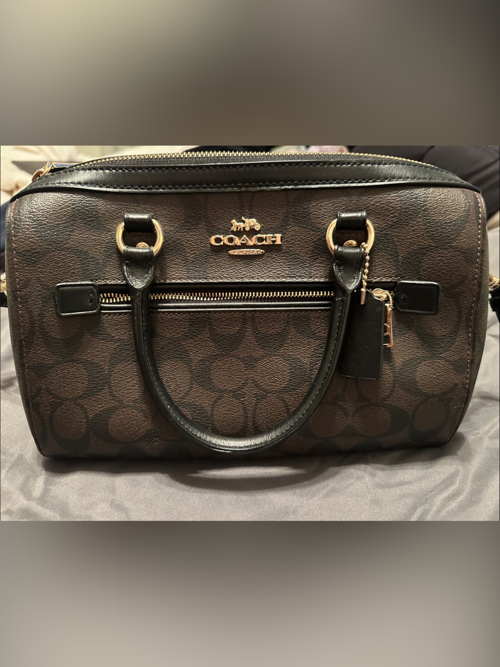 Coach Brown Signature Satchel with Black Handles and Gold Hardware